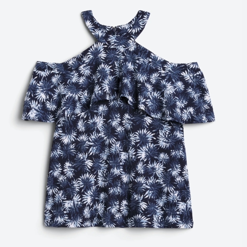 Michael Kors Flounce Knit, Blue & White Floral Halter Top, XL. NWOT